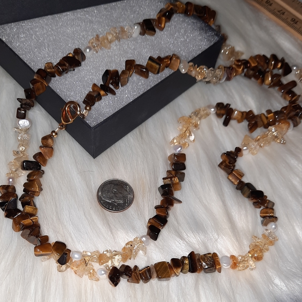pearl, citrine Tigers eye gemstone nugget Chip necklace EUC goldtone clasp - Picture 8 of 14